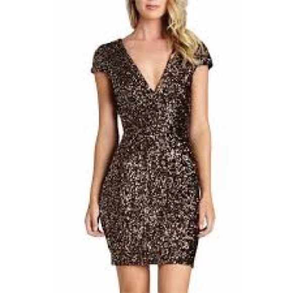 Dress the Population black & gold Women's Cap Sleeve Plunging Sequin Mini Dress - Picture 3 of 10